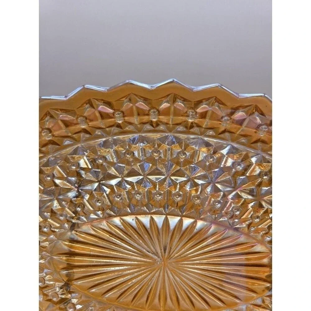 Vtg Serving Platter Jeannette Oval Glass Iridescent Buttons & Bows 11.5